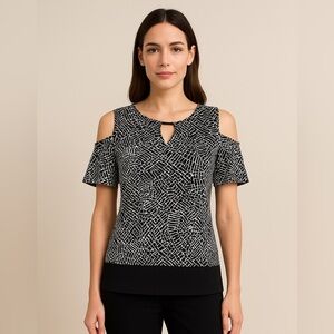 Rafaella Cold Shoulder Top Small Black White Print Keyhole‎ Blouse S